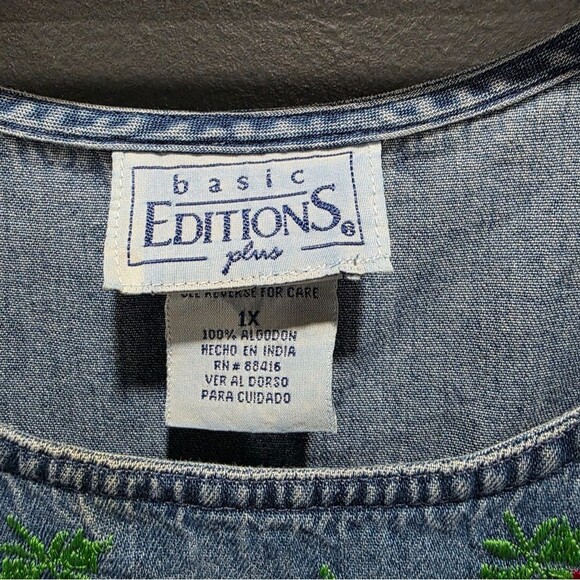 VINTAGE Women's Denim Chambray Maxi Dress Embroidered Floral Side Button 1X - Picture 3 of 9